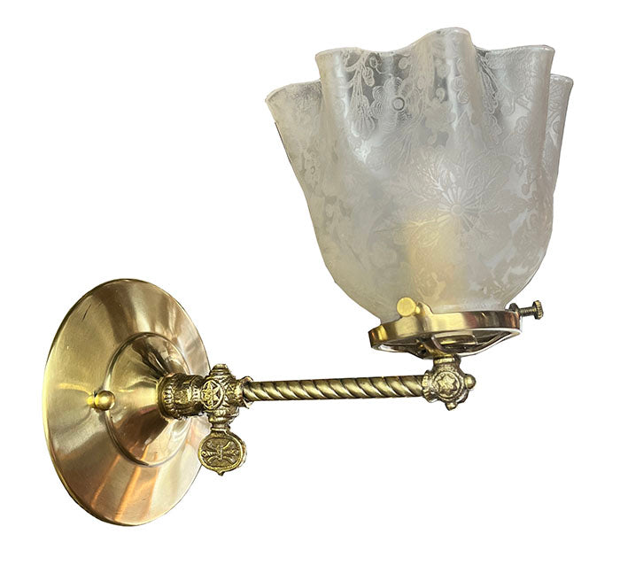 Antique Single Light Circa 1890 Gas Stationary Wall Sconce with Rope Tubing and Ruffled Acid Etched Shade