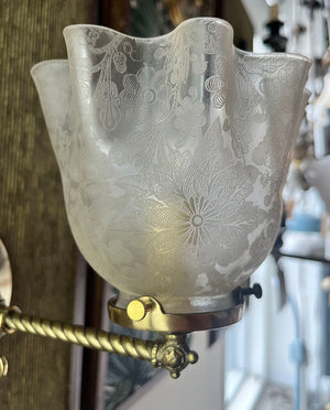 Antique Single Light Circa 1890 Gas Stationary Wall Sconce with Rope Tubing and Ruffled Acid Etched Shade