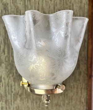 Antique Single Light Circa 1890 Gas Stationary Wall Sconce with Rope Tubing and Ruffled Acid Etched Shade