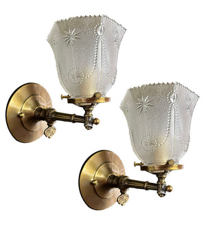$650 PAIR - Antique Circa 1890s Cast Arm Cast Stationary Sconces with Pressed Glass Star Patterned Shades