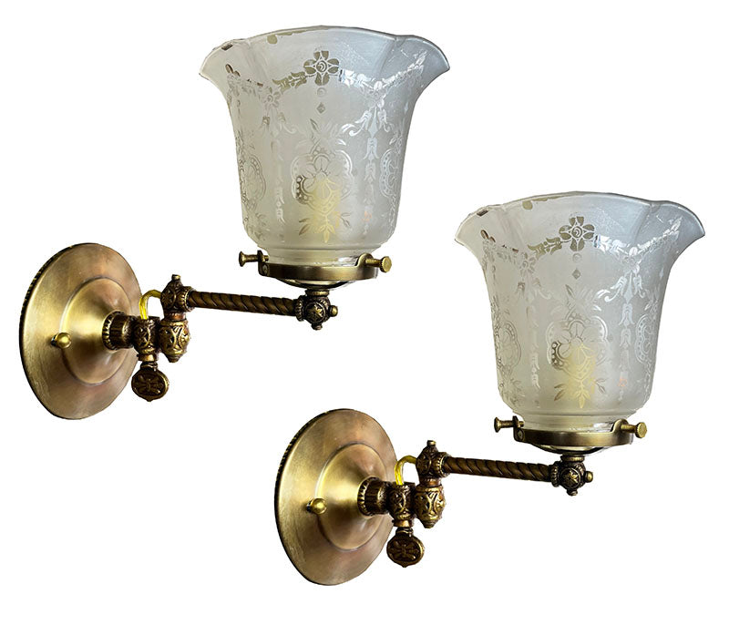 $750 PAIR - Antique Circa 1890s Gas Swing Arm Wall Sconces with Rope Tubing and Antique Stencil Etched Shades