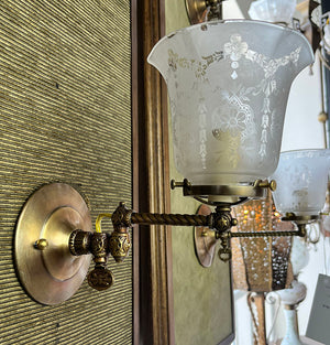 $750 PAIR - Antique Circa 1890s Gas Swing Arm Wall Sconces with Rope Tubing and Antique Stencil Etched Shades