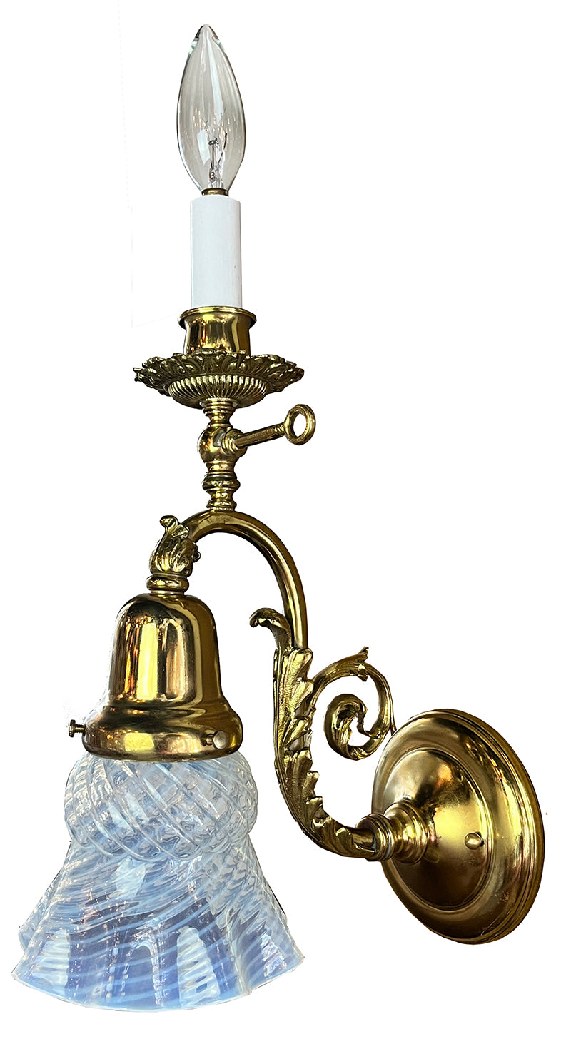 Antique 1900 Early Electric Late Victorian Combination Gas Electric Wall Sconce with Original Opal Shade