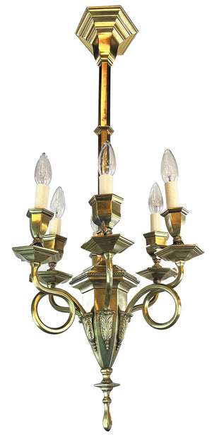 Antique Circa 1905 Six Light Beaux Arts Gas Electric Scroll Arm Chandelier with Six Sided Center Body