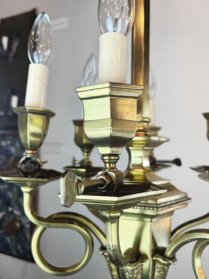 Antique Circa 1905 Six Light Beaux Arts Gas Electric Scroll Arm Chandelier with Six Sided Center Body