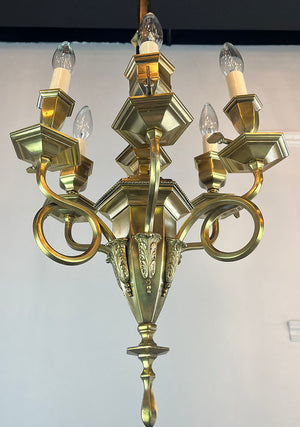 Antique Circa 1905 Six Light Beaux Arts Gas Electric Scroll Arm Chandelier with Six Sided Center Body