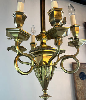Antique Circa 1905 Six Light Beaux Arts Gas Electric Scroll Arm Chandelier with Six Sided Center Body