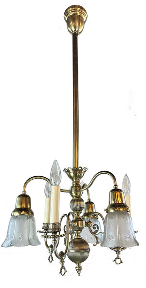 Antique Late 1890s early 1900s Converted Gas Electric Six Light Chandelier with Antique Pressed Glass Star Patterned Shades