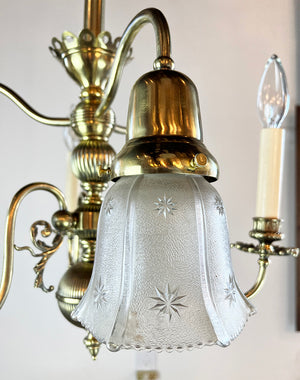 Antique Late 1890s early 1900s Converted Gas Electric Six Light Chandelier with Antique Pressed Glass Star Patterned Shades