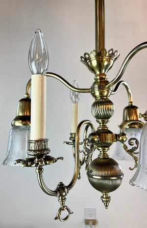Antique Late 1890s early 1900s Converted Gas Electric Six Light Chandelier with Antique Pressed Glass Star Patterned Shades