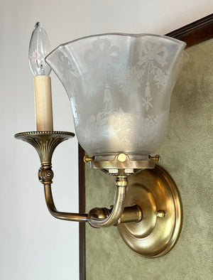 $750 PAIR - Antique Circa 1900 Gas Electric Double Light Wall Sconces wiht Antique Acid Etched Shades