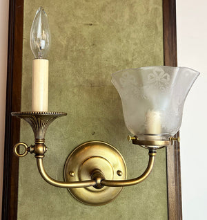 $750 PAIR - Antique Circa 1900 Gas Electric Double Light Wall Sconces wiht Antique Acid Etched Shades