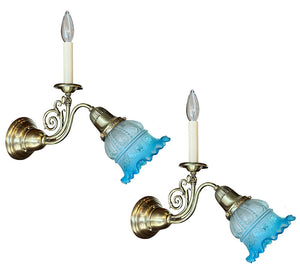 $1000 PAIR - Antique Circa 1895 Pair of Converted Gas Electric Transitional Wall Sconces with Original Etched and Ruffled Blue Shades