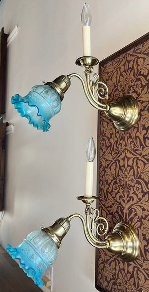$1000 PAIR - Antique Circa 1895 Pair of Converted Gas Electric Transitional Wall Sconces with Original Etched and Ruffled Blue Shades