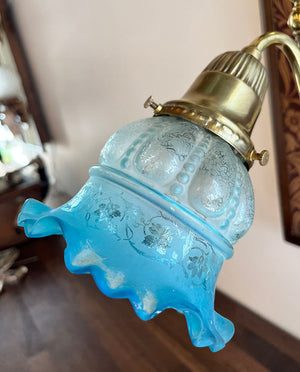 $1000 PAIR - Antique Circa 1895 Pair of Converted Gas Electric Transitional Wall Sconces with Original Etched and Ruffled Blue Shades