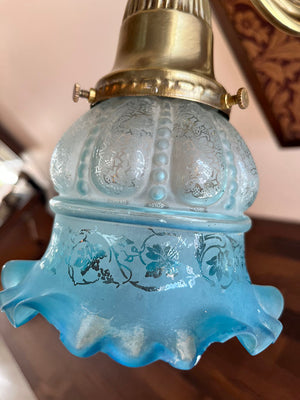 $1000 PAIR - Antique Circa 1895 Pair of Converted Gas Electric Transitional Wall Sconces with Original Etched and Ruffled Blue Shades