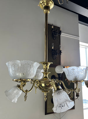 Antique 1900 Gas Electric Combination Neo Classical Six Light Fixture with Original Antique Stencil Etched Fleur de Lis Shades