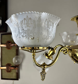 Antique 1900 Gas Electric Combination Neo Classical Six Light Fixture with Original Antique Stencil Etched Fleur de Lis Shades