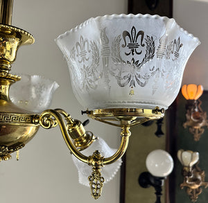 Antique 1900 Gas Electric Combination Neo Classical Six Light Fixture with Original Antique Stencil Etched Fleur de Lis Shades