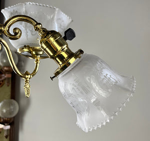 Antique 1900 Gas Electric Combination Neo Classical Six Light Fixture with Original Antique Stencil Etched Fleur de Lis Shades