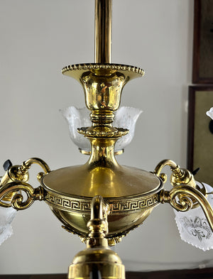 Antique 1900 Gas Electric Combination Neo Classical Six Light Fixture with Original Antique Stencil Etched Fleur de Lis Shades