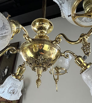Antique 1900 Gas Electric Combination Neo Classical Six Light Fixture with Original Antique Stencil Etched Fleur de Lis Shades