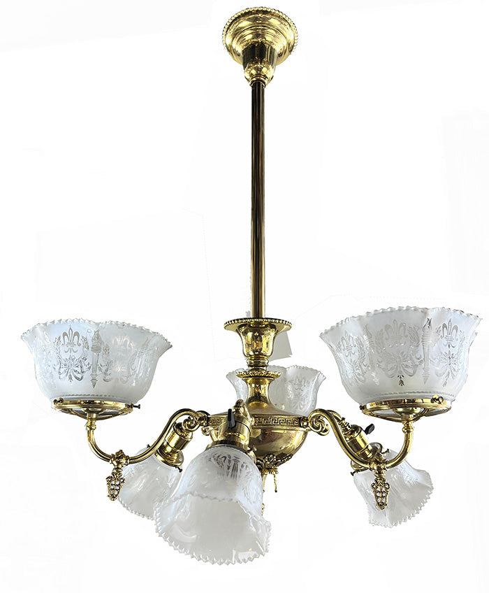 Antique 1900 Gas Electric Combination Neo Classical Six Light Fixture with Original Antique Stencil Etched Fleur de Lis Shades