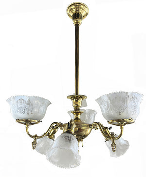 Antique 1900 Gas Electric Combination Neo Classical Six Light Fixture with Original Antique Stencil Etched Fleur de Lis Shades