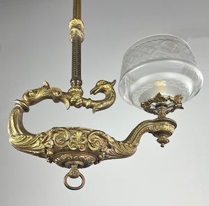 Outstanding Antique Circa 1860, Single Light,  Aladdin Style Victorian Hall Fixture With Gryphon Details, and Antique Wheelcut Shade.