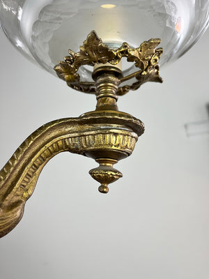 Outstanding Antique Circa 1860, Single Light,  Aladdin Style Victorian Hall Fixture With Gryphon Details, and Antique Wheelcut Shade.
