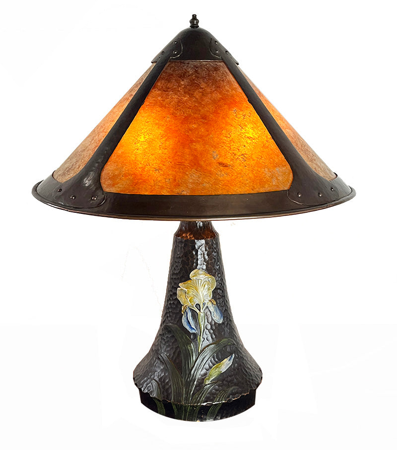 Antique CIrca 1905 Arts and Crafts Terra Cotta Art Pottery Lamp with Original Hand Hammered Copper and Amber Mica Shade