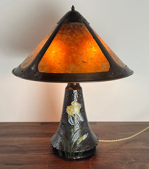 Antique CIrca 1905 Arts and Crafts Terra Cotta Art Pottery Lamp with Original Hand Hammered Copper and Amber Mica Shade