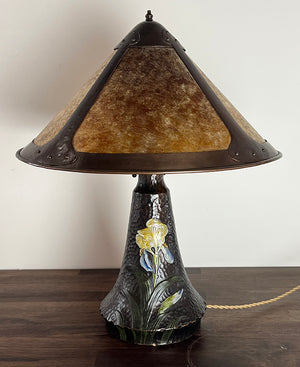 Antique CIrca 1905 Arts and Crafts Terra Cotta Art Pottery Lamp with Original Hand Hammered Copper and Amber Mica Shade