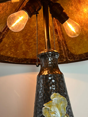 Antique CIrca 1905 Arts and Crafts Terra Cotta Art Pottery Lamp with Original Hand Hammered Copper and Amber Mica Shade