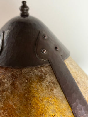 Antique CIrca 1905 Arts and Crafts Terra Cotta Art Pottery Lamp with Original Hand Hammered Copper and Amber Mica Shade