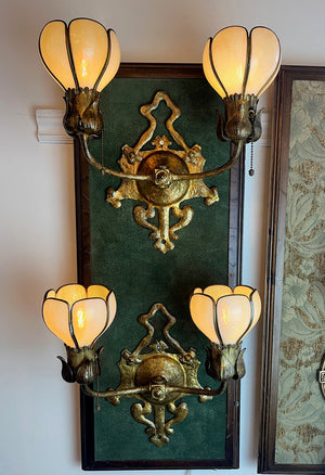 $2300 PAIR - Rare Pair of Incredible Handel Double Light American Art Nouveau Wall Sconces with Original Panel Glass Shades