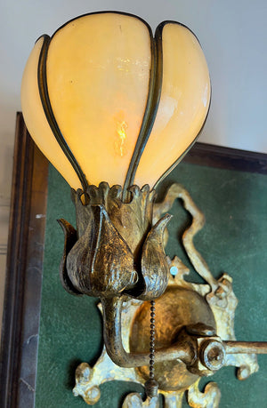 $2300 PAIR - Rare Pair of Incredible Handel Double Light American Art Nouveau Wall Sconces with Original Panel Glass Shades