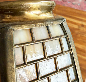 $1500 PAIR -Stunning Pair of Circa 1905-10 Arts and Crafts Hammered Scroll Arm Sconces with Signed Handel Brick Pattern Shades