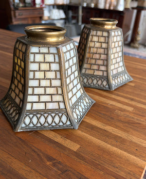 $1500 PAIR -Stunning Pair of Circa 1905-10 Arts and Crafts Hammered Scroll Arm Sconces with Signed Handel Brick Pattern Shades