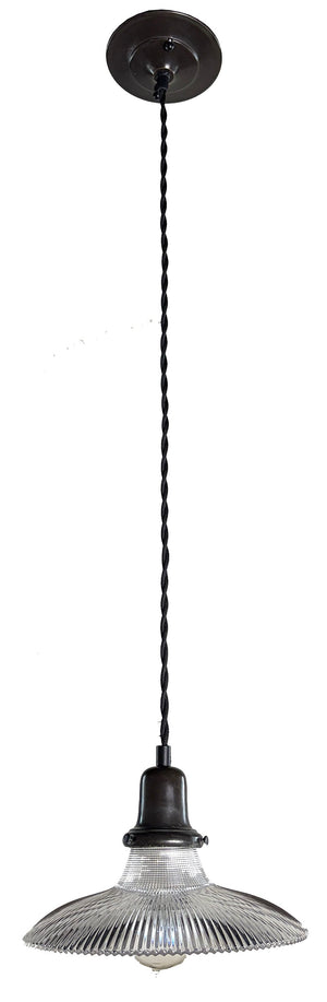 Antique 1910 9" Diameter Holophane Reflector Shade on Custom Black Twisted Cord Pendant