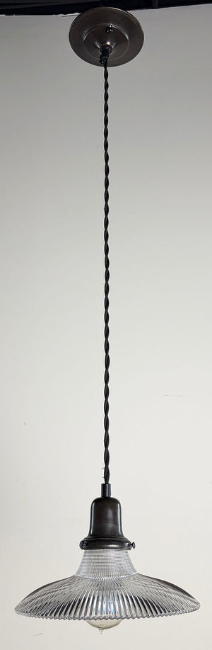 Antique 1910 9" Diameter Holophane Reflector Shade on Custom Black Twisted Cord Pendant