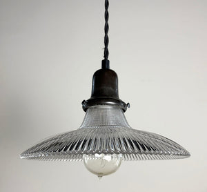 Antique 1910 9" Diameter Holophane Reflector Shade on Custom Black Twisted Cord Pendant
