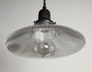 Antique 1910 9" Diameter Holophane Reflector Shade on Custom Black Twisted Cord Pendant