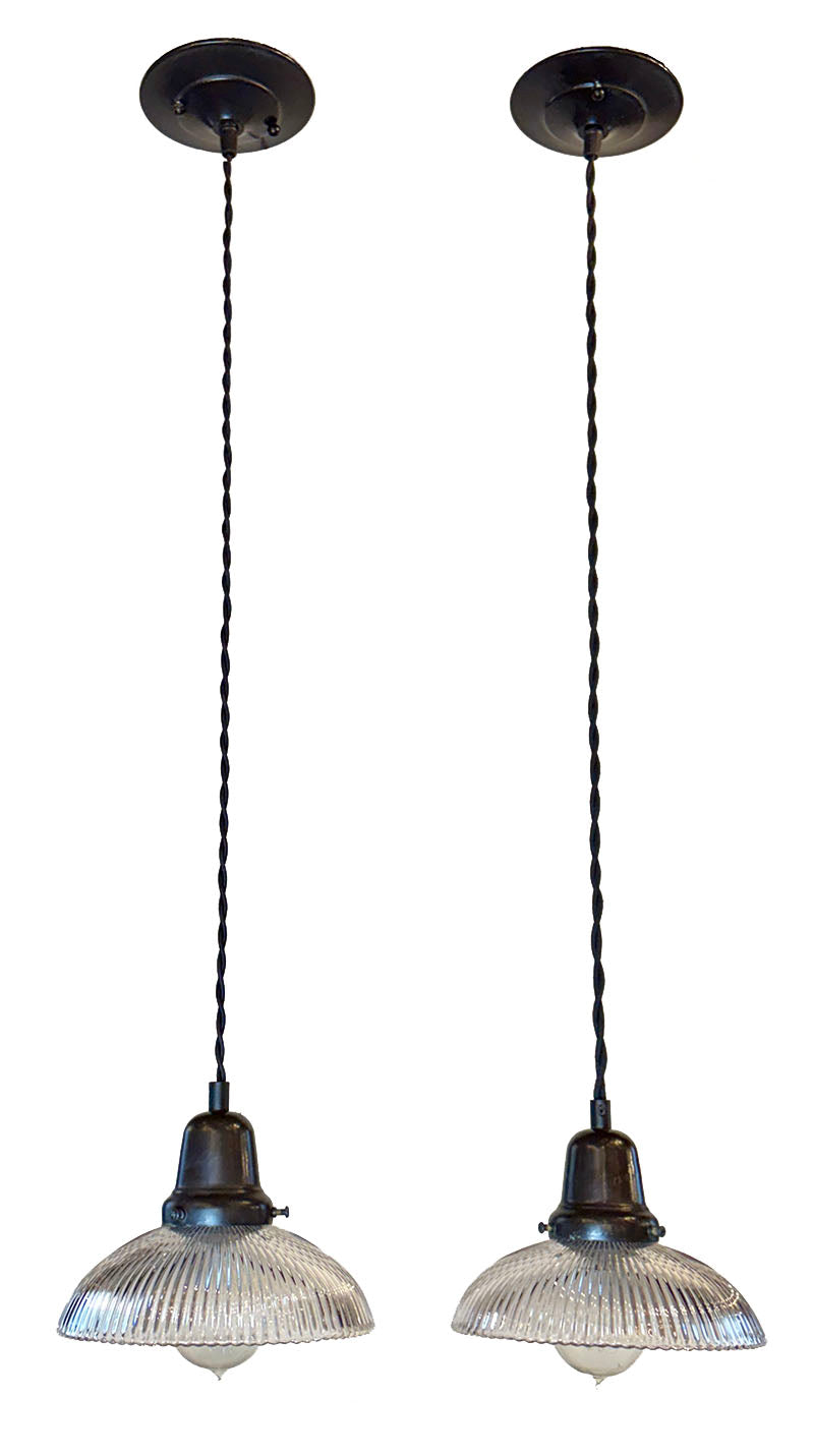 $550 PAIR- Antique 1910 Holophane Shades on Custom Black Twisted Cord Pendants