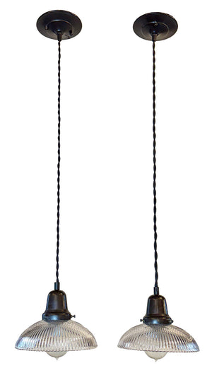 $550 PAIR- Antique 1910 Holophane Shades on Custom Black Twisted Cord Pendants