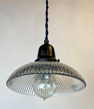 $550 PAIR- Antique 1910 Holophane Shades on Custom Black Twisted Cord Pendants