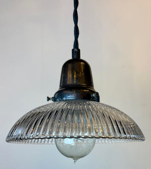 $550 PAIR- Antique 1910 Holophane Shades on Custom Black Twisted Cord Pendants