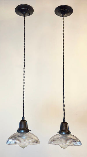 $550 PAIR- Antique 1910 Holophane Shades on Custom Black Twisted Cord Pendants