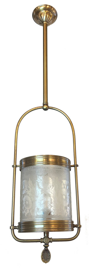 Antique Circa 1880 Converted Gas Hall Hoop with Original Floral Pattern Deep Acid Etched Cylinder Shade