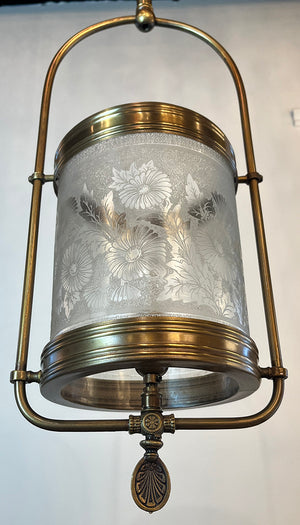 Antique Circa 1880 Converted Gas Hall Hoop with Original Floral Pattern Deep Acid Etched Cylinder Shade